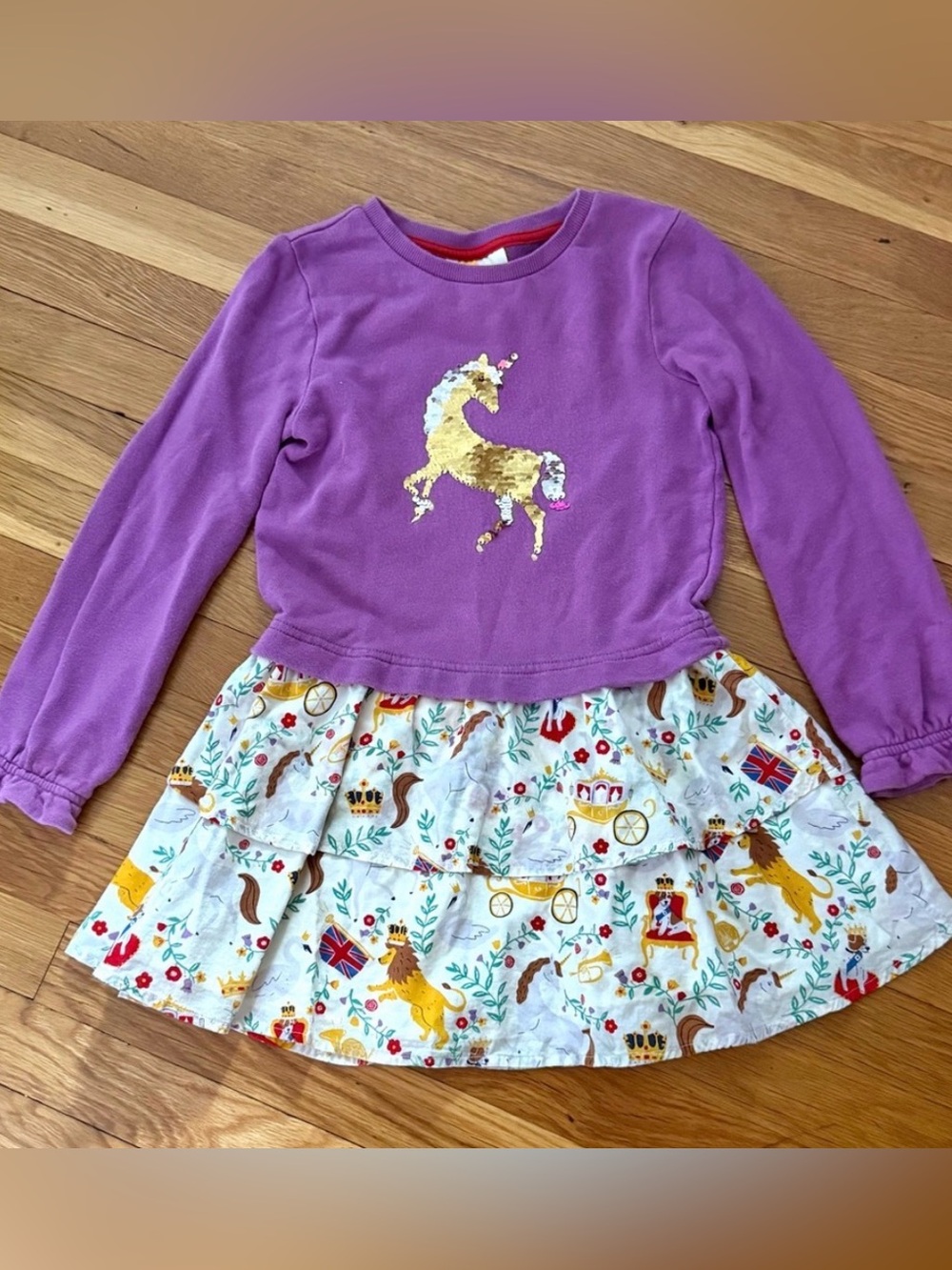 Mini Boden 7-8Y Fairytale Print Cozy Sweatshirt Dress with Flip Sequin Unicorn